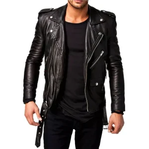 Men Black Slim Fit Biker Genuine Leather Jacket