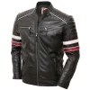 Areena Design <p>Turn heads with this **Men's Red Leather Jacket**. A bold choice for bikers, this **genuine leather** jacket offers a **cafe racer style** and a striking red color. Perfect for a fierce look.</p> Men's Racing Biker Stripes Real Leather Casual Fit Jacket