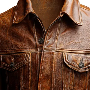 Men's Brown Leather Trucker-Style Jacket