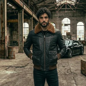 Black Leather Aviator Shearling Collar Bomber Jacket