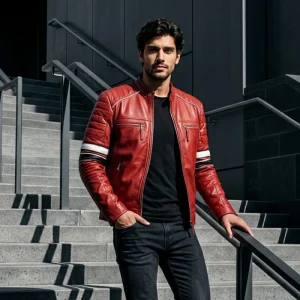 Men's Cafe Racer Red Striped Leather Jacket