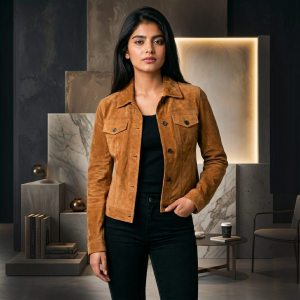 Women Suede Leather Trucker Jacket