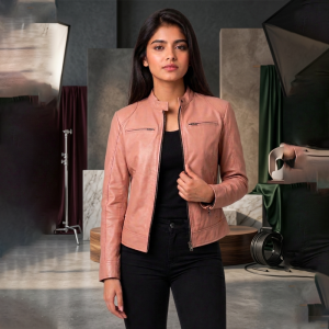 Women's Light Pink Cafe Racer Leather Jacket