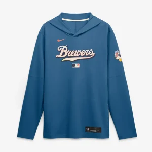 Mens Milwaukee Brewers Nike Blue 2026 City Connect Dri-FIT Long Sleeve Hooded T-Shirt