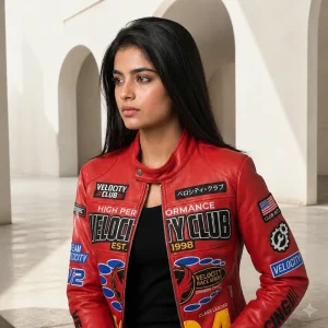Women’s Velocity Club #64 Red Racing Leather Jacket
