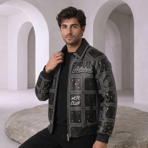Aethelred Moto Club Grid Pattern Leather Bomber Jacket
