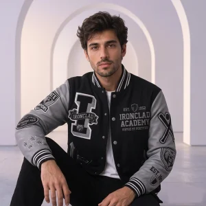 Ironclad Academy Grey Sleeve Varsity Leather Jacket