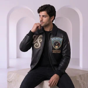 Velocità Garage Speed Shop Black Leather Bomber Jacket
