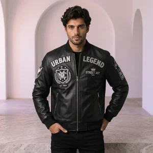 Urban Legend Black Embroidered Leather Bomber Jacket