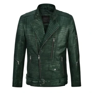 Enigmatic Croc Metallic Green Leather Jacket