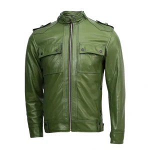 Slim Fit Men Green Biker Jacket