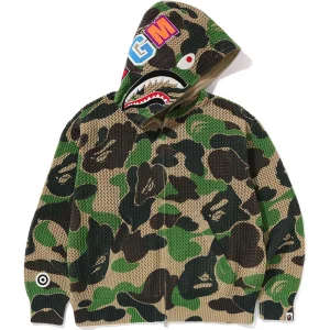 BAPE ABC Camo Green Crochet Relaxed Fit Shark Full Zip Hoodie