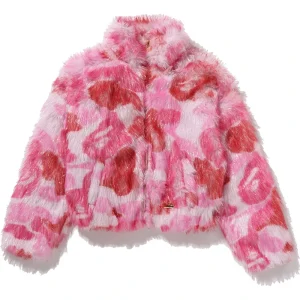 BAPE ABC Pink Camo One Point Metallic Long Fur Jacquard Down Jacket