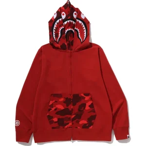 BAPE Color Red Camo Shark Full Zip Double Hoodie