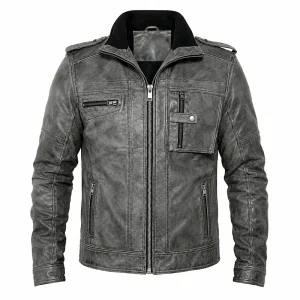 Mens Gray Military Distressed Leather Jacket