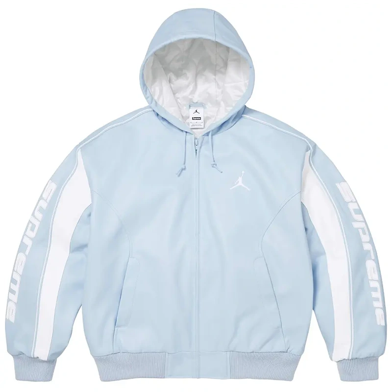 Supreme x Jordan Light Blue Hooded Leather Jacket Supreme x Jordan Light Blue Hooded Leather Jacket <p><strong>Supreme x Jordan Light Blue Hooded Leather Jacket</strong> delivers a streetwear-ready hoodie look for casual outfits, travel, relaxed days, and seasonal layering. Its distinctive design offers comfortable styling, easy layering, and bold everyday appeal, making it a strong choice for personal wardrobes, collections, or gifting.</p>