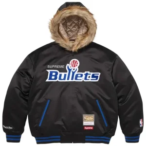 Supreme x Mitchell & Ness Teams Hooded Black Satin Varsity Jacket