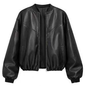 Women’s Oversized Black Faux Leather Bomber Jacket
