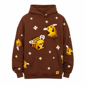 Bee Embroidered Oversized Brown Fleece Hoodie
