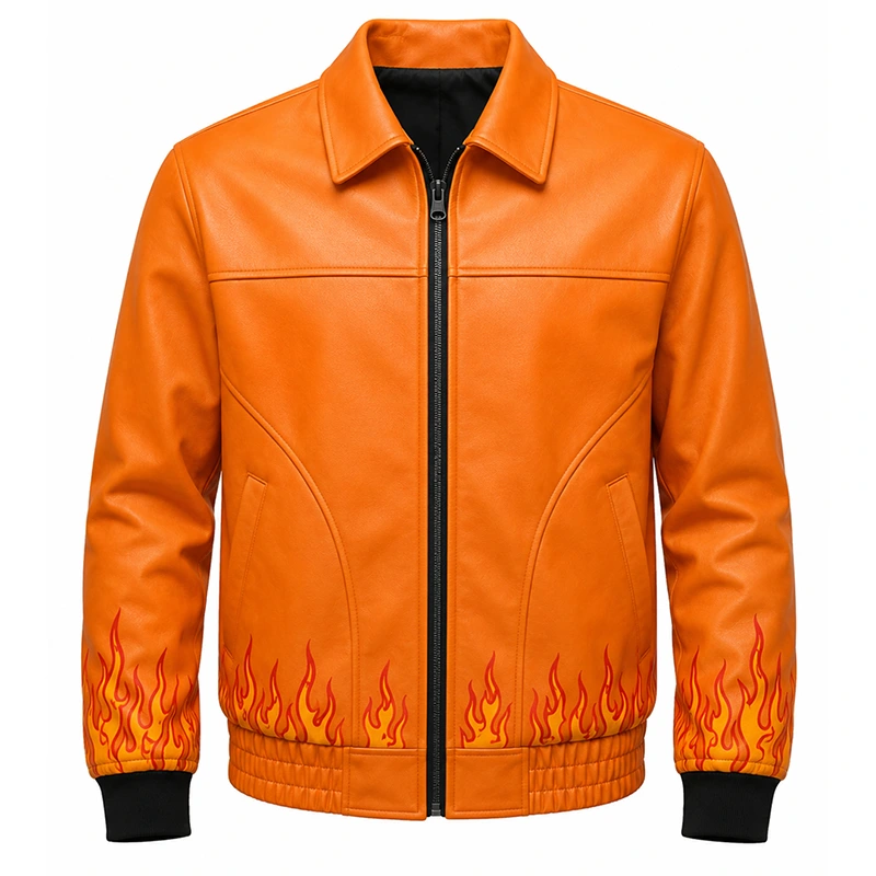 Ghost Flame Leather Bomber Jacket Ghost Flame Leather Bomber Jacket <p>Make an unforgettable statement with the Ghost Flame Leather Bomber Jacket. Featuring a striking flame-inspired aesthetic and rugged bomber styling, this jacket is perfect for motorcycle fashion, streetwear, and bold casual looks.</p>