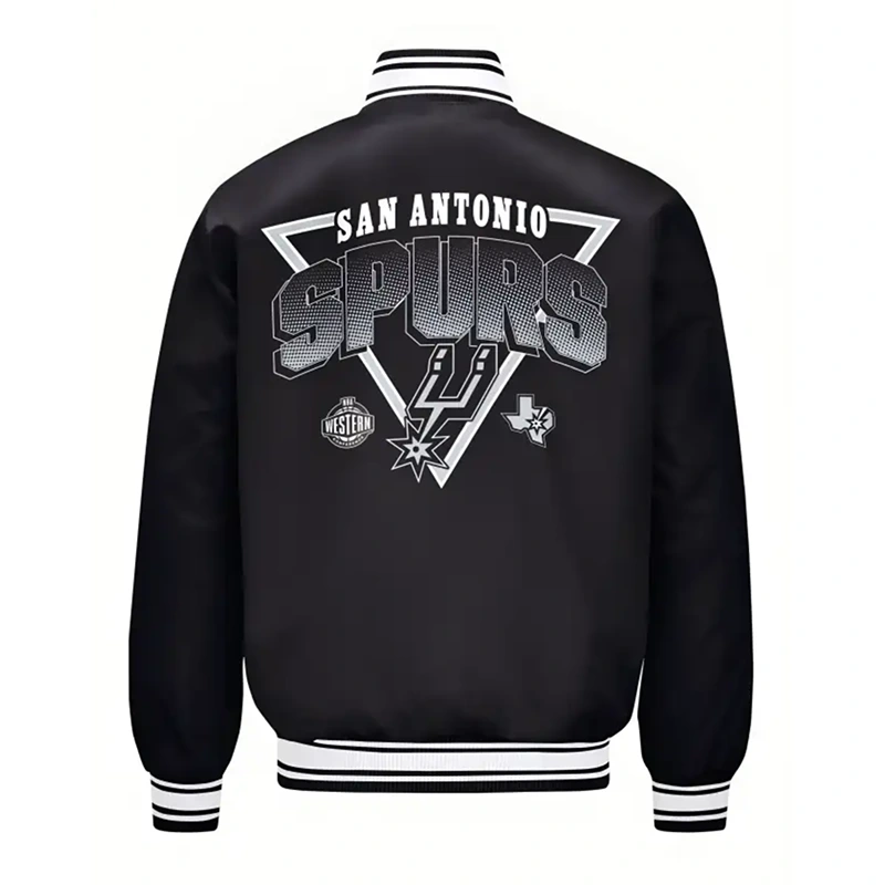 San Antonio Spurs Triangle Printed Graphic Satin Varsity Jacket 1 San Antonio Spurs Triangle Printed Graphic Satin Varsity Jacket <div class="product-short-description"><h2>San Antonio Spurs Triangle Printed Graphic Satin Varsity Jacket</h2><p>The San Antonio Spurs Triangle Printed Graphic Satin Varsity Jacket delivers a bold satin varsity jacket look shaped by team-inspired detailing and classic fanwear style. It features graphic printed detailing and statement graphic accents. Easy to style with jeans, tees, or casual separates, it brings memorable visual appeal to any modern wardrobe.</p></div>