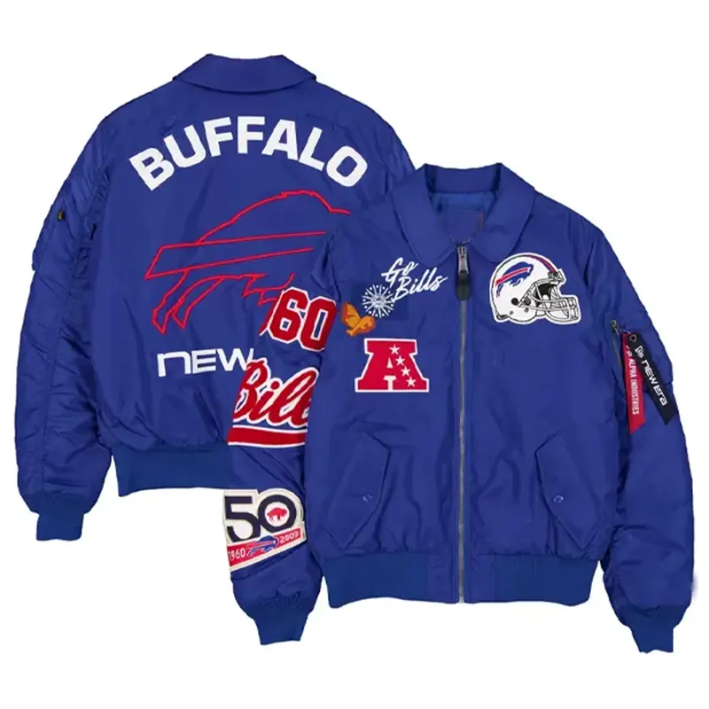 Buffalo Bills New Era x Alpha Industries Royal MA-1 Bomber Jacket 2 Buffalo Bills New Era x Alpha Industries Royal MA-1 Bomber Jacket <p>Elevate your outerwear collection with the <strong>Buffalo Bills New Era x Alpha Industries Royal MA-1 Bomber Jacket</strong> in a royal colorway. This MA-1 inspired bomber combines recognizable team style with a bold streetwear influence for Buffalo Bills fans. Its versatile profile works for game days, casual layering, urban outfits, and seasonal wear. A strong choice for shoppers looking for a distinctive sports-inspired bomber jacket online.</p>