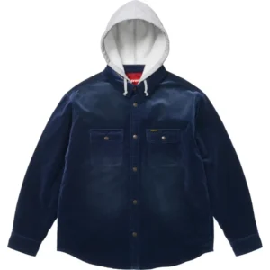 Supreme Navy Quilted Lined Hooded Velvet Snap Shirt