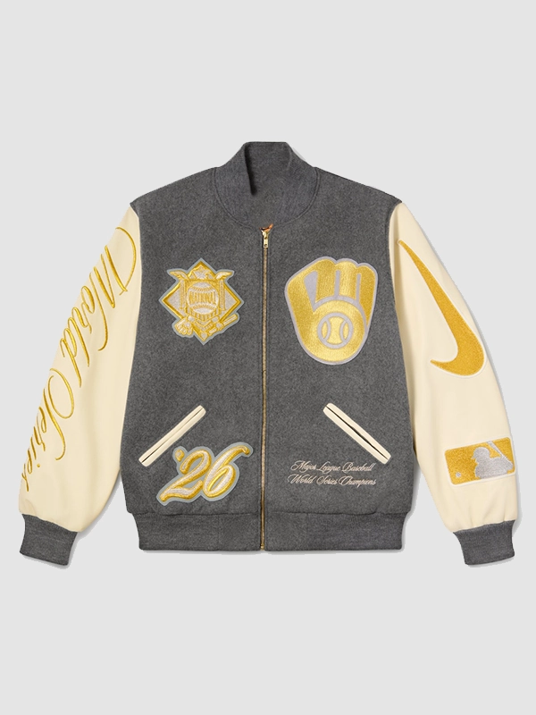 2026-Milwaukee-Brewers-World-Series-Champions-Destroyer-Baseball-Jacket Brewers World Series Champions Destroyer Baseball Jacket <ul> <li>Material: Wool with Leather Sleeves</li> <li>Collar: Rib-Knitted Collar</li> <li>Cuffs: Rib-Knitted Cuffs</li> <li>Closure: Buttoned Closure</li> <li>Color: Gray & Cream</li> </ul>