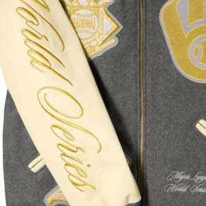 Areena Design <ul> <li>Material: Wool with Leather Sleeves</li> <li>Collar: Rib-Knitted Collar</li> <li>Cuffs: Rib-Knitted Cuffs</li> <li>Closure: Buttoned Closure</li> <li>Color: Gray & Cream</li> </ul> Brewers World Series Champions Destroyer Baseball Jacket <ul> <li>Material: Wool with Leather Sleeves</li> <li>Collar: Rib-Knitted Collar</li> <li>Cuffs: Rib-Knitted Cuffs</li> <li>Closure: Buttoned Closure</li> <li>Color: Gray & Cream</li> </ul>