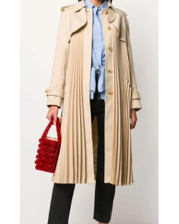 21 Only Murders in the Building S04 Selena Gomez Pleated Coat <strong>Product Specification</strong> <ul> <li>Material: Cotton Material</li> <li>Internal: Soft Viscose Fabric Lining</li> <li>Collar: Shirt Style Collar with Shoulder Loops</li> <li>Sleeves: Long Buttoned Strap Sleeves</li> <li>Cuffs: Open Hem Cuffs</li> <li>Pockets: Two Waist Pockets Outside, Two Pockets Inside</li> <li>Closure: Front Open with a Buttoned Closure</li> <li>Color: Beige</li> <li>Women’s Beige Pleated Design Trench Coat</li> </ul>