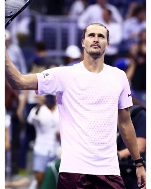 Alexander-Zverev-2026-US-Open-Day-05-Pink-T-Shirt-2 Alexander Zverev 2026 US Open Day 5 T-Shirt <strong>Product Specifications:</strong> <ul> <li>Material: Polyester</li> <li>Collar: Round Neck</li> <li>Sleeves: Short Sleeves</li> <li>Hem: Straight Athletic Hem</li> <li>Closure: Pullover</li> <li>Color: Pale Pink</li> </ul>