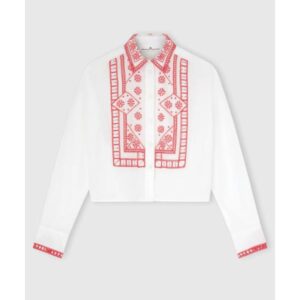 Areena Design <h2><strong>Product Specifications:</strong></h2> <ul> <li>Material: Cotton Fabric</li> <li>Collar: Shirt Style Collar</li> <li>Closure: Buttoned Style Fastening</li> <li>Sleeves: Short</li> <li>Cuffs: Open Hem Cuffs</li> <li>Color: White</li> <li>Details: Red Embroidery</li> </ul> Emily In Paris S06 Lily Collins Red Embroidered Shirt <h2><strong>Product Specifications:</strong></h2> <ul> <li>Material: Cotton Fabric</li> <li>Collar: Shirt Style Collar</li> <li>Closure: Buttoned Style Fastening</li> <li>Sleeves: Short</li> <li>Cuffs: Open Hem Cuffs</li> <li>Color: White</li> <li>Details: Red Embroidery</li> </ul>