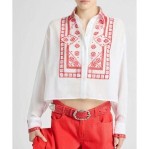 Areena Design <ul> <li>Material: Cotton Fabric</li> <li>Collar: Shirt Style Collar</li> <li>Closure: Buttoned Style Fastening</li> <li>Sleeves: Short</li> <li>Cuffs: Open Hem Cuffs</li> <li>Color: White</li> <li>Details: Red Embroidery</li> </ul> Emily In Paris S06 Lily Collins Red Embroidered Shirt <ul> <li>Material: Cotton Fabric</li> <li>Collar: Shirt Style Collar</li> <li>Closure: Buttoned Style Fastening</li> <li>Sleeves: Short</li> <li>Cuffs: Open Hem Cuffs</li> <li>Color: White</li> <li>Details: Red Embroidery</li> </ul>