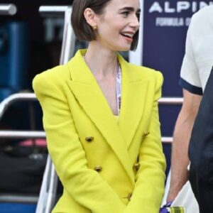 Areena Design <strong>Product Specifications:</strong> <ul> <li>External Material: Suiting Fabric</li> <li>Internal Material: Soft Viscose Lining</li> <li>Collar: Lapel Style Collar</li> <li>Closure: Open Style With Buttoned Closure</li> <li>Sleeves: Long</li> <li>Cuffs: Open Hem Cuffs</li> <li>Pockets: Two Front Pockets, Two Inner Pockets</li> <li>Color: Yellow</li> </ul> Lily Collins Emily In Paris S06 Yellow Blazer <strong>Product Specifications:</strong> <ul> <li>External Material: Suiting Fabric</li> <li>Internal Material: Soft Viscose Lining</li> <li>Collar: Lapel Style Collar</li> <li>Closure: Open Style With Buttoned Closure</li> <li>Sleeves: Long</li> <li>Cuffs: Open Hem Cuffs</li> <li>Pockets: Two Front Pockets, Two Inner Pockets</li> <li>Color: Yellow</li> </ul>