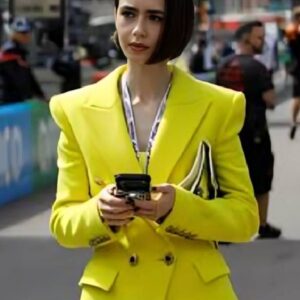Areena Design <strong>Product Specifications:</strong> <ul> <li>External Material: Suiting Fabric</li> <li>Internal Material: Soft Viscose Lining</li> <li>Collar: Lapel Style Collar</li> <li>Closure: Open Style With Buttoned Closure</li> <li>Sleeves: Long</li> <li>Cuffs: Open Hem Cuffs</li> <li>Pockets: Two Front Pockets, Two Inner Pockets</li> <li>Color: Yellow</li> </ul> Lily Collins Emily In Paris S06 Yellow Blazer <strong>Product Specifications:</strong> <ul> <li>External Material: Suiting Fabric</li> <li>Internal Material: Soft Viscose Lining</li> <li>Collar: Lapel Style Collar</li> <li>Closure: Open Style With Buttoned Closure</li> <li>Sleeves: Long</li> <li>Cuffs: Open Hem Cuffs</li> <li>Pockets: Two Front Pockets, Two Inner Pockets</li> <li>Color: Yellow</li> </ul>