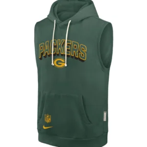 Areena Design <ul> <li>Material: Fleece</li> <li>Closure: Pullover Style</li> <li>Collar: Hooded Style</li> <li>Color: Green</li> </ul> Matt LaFleur Green Bay Packers Sideline Sleeveless Hoodie <ul> <li>Material: Fleece</li> <li>Closure: Pullover Style</li> <li>Collar: Hooded Style</li> <li>Color: Green</li> </ul>