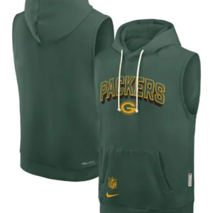 Areena Design <ul> <li>Material: Fleece</li> <li>Closure: Pullover Style</li> <li>Collar: Hooded Style</li> <li>Color: Green</li> </ul> Matt LaFleur Green Bay Packers Sideline Sleeveless Hoodie <ul> <li>Material: Fleece</li> <li>Closure: Pullover Style</li> <li>Collar: Hooded Style</li> <li>Color: Green</li> </ul>