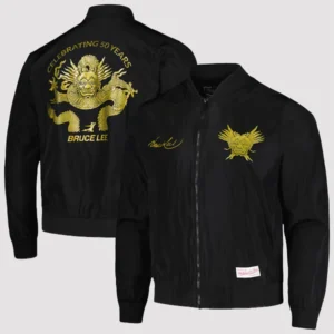 Areena Design <strong>Product Specifications</strong> <ul> <li><strong>Material:</strong> Polyester</li> <li><strong>Closure:</strong> Zip-up closure</li> <li><strong>Collar:</strong> Ribbed collar</li> <li><strong>Cuffs:</strong> Ribbed cuffs</li> <li><strong>Shade:</strong> Black</li> </ul> Bruce Lee Mitchell & Ness Celebrating 50 Years Bomber Jacket <strong>Product Specifications</strong> <ul> <li><strong>Material:</strong> Polyester</li> <li><strong>Closure:</strong> Zip-up closure</li> <li><strong>Collar:</strong> Ribbed collar</li> <li><strong>Cuffs:</strong> Ribbed cuffs</li> <li><strong>Shade:</strong> Black</li> </ul>
