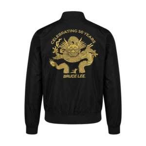 Areena Design <strong>Product Specifications</strong> <ul> <li><strong>Material:</strong> Polyester</li> <li><strong>Closure:</strong> Zip-up closure</li> <li><strong>Collar:</strong> Ribbed collar</li> <li><strong>Cuffs:</strong> Ribbed cuffs</li> <li><strong>Shade:</strong> Black</li> </ul> Bruce Lee Mitchell & Ness Celebrating 50 Years Bomber Jacket <strong>Product Specifications</strong> <ul> <li><strong>Material:</strong> Polyester</li> <li><strong>Closure:</strong> Zip-up closure</li> <li><strong>Collar:</strong> Ribbed collar</li> <li><strong>Cuffs:</strong> Ribbed cuffs</li> <li><strong>Shade:</strong> Black</li> </ul>