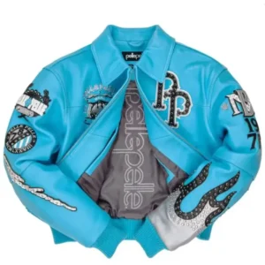 Men’s High-quality PP Authentic Women’s Blue Genuine Leather Embroidered Diamond Short Jacket