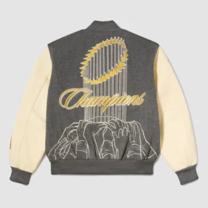 Areena Design <ul> <li>Material: Wool with Leather Sleeves</li> <li>Collar: Rib-Knitted Collar</li> <li>Cuffs: Rib-Knitted Cuffs</li> <li>Closure: Buttoned Closure</li> <li>Color: Gray & Cream</li> </ul> Brewers World Series Champions Destroyer Baseball Jacket <ul> <li>Material: Wool with Leather Sleeves</li> <li>Collar: Rib-Knitted Collar</li> <li>Cuffs: Rib-Knitted Cuffs</li> <li>Closure: Buttoned Closure</li> <li>Color: Gray & Cream</li> </ul>