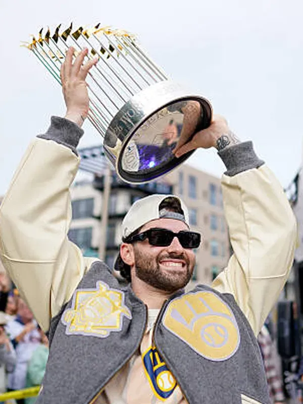 Milwaukee-Brewers-Nike-Gray-Cream-Baseball-Varsity-Jacket Brewers World Series Champions Destroyer Baseball Jacket <ul> <li>Material: Wool with Leather Sleeves</li> <li>Collar: Rib-Knitted Collar</li> <li>Cuffs: Rib-Knitted Cuffs</li> <li>Closure: Buttoned Closure</li> <li>Color: Gray & Cream</li> </ul>