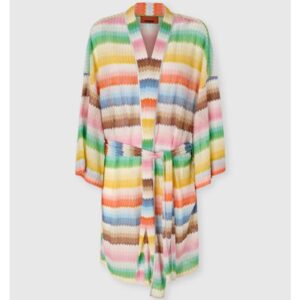 Areena Design <strong>Product Specifications:</strong> <ul> <li>Material: Crochet Material</li> <li>Collar: Shawl Style Collar</li> <li>Closure: Belted Closure</li> <li>Sleeves: Long</li> <li>Cuffs: Bell-Shaped Cuffs</li> <li>Pockets: Two Waist Pockets</li> <li>Color: Multicolored</li> <li>Details: Striped Style</li> </ul> Emily In Paris S06 Ashley Park Multicolor Striped Crochet Robe <strong>Product Specifications:</strong> <ul> <li>Material: Crochet Material</li> <li>Collar: Shawl Style Collar</li> <li>Closure: Belted Closure</li> <li>Sleeves: Long</li> <li>Cuffs: Bell-Shaped Cuffs</li> <li>Pockets: Two Waist Pockets</li> <li>Color: Multicolored</li> <li>Details: Striped Style</li> </ul>