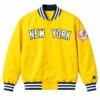 Areena Design <p>Shop the New York Yankees Dugout Blue Varsity Jacket in Blue Satin, made for comfortable everyday wear, easy layering, game days, travel, weekends, gifting, New York Yankees Dugout Yellow Varsity Jacket