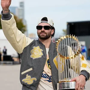Areena Design <ul> <li>Material: Wool with Leather Sleeves</li> <li>Collar: Rib-Knitted Collar</li> <li>Cuffs: Rib-Knitted Cuffs</li> <li>Closure: Buttoned Closure</li> <li>Color: Gray & Cream</li> </ul> Brewers World Series Champions Destroyer Baseball Jacket <ul> <li>Material: Wool with Leather Sleeves</li> <li>Collar: Rib-Knitted Collar</li> <li>Cuffs: Rib-Knitted Cuffs</li> <li>Closure: Buttoned Closure</li> <li>Color: Gray & Cream</li> </ul>