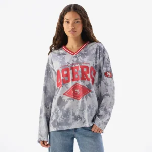 Areena Design <p>Show your team pride in this Gray Polyester top. Soft, versatile, and easy to style, it brings comfortable team spirit to game days, casual weekends, travel, and everyday layering with a polished athletic finish.</p> Off Season x NFL San Francisco 49ers Camo Mesh Long Sleeve V-Neck Top