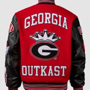 Areena Design <ul> <li>Material: Wool with Leather Sleeves</li> <li>Collar: Rib-Knitted Collar</li> <li>Cuffs: Rib-Knitted Cuffs</li> <li>Closure: Buttoned Closure</li> <li>Color: Gray & Cream</li> </ul> Outkast x UGA x Nike Destroyer Jacket <ul> <li>Material: Wool with Leather Sleeves</li> <li>Collar: Rib-Knitted Collar</li> <li>Cuffs: Rib-Knitted Cuffs</li> <li>Closure: Buttoned Closure</li> <li>Color: Gray & Cream</li> </ul>