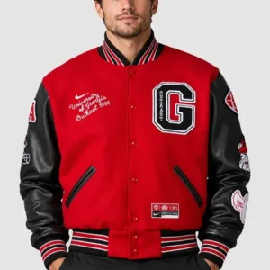 Areena Design <ul> <li>Material: Wool with Leather Sleeves</li> <li>Collar: Rib-Knitted Collar</li> <li>Cuffs: Rib-Knitted Cuffs</li> <li>Closure: Buttoned Closure</li> <li>Color: Gray & Cream</li> </ul> Outkast x UGA x Nike Destroyer Jacket <ul> <li>Material: Wool with Leather Sleeves</li> <li>Collar: Rib-Knitted Collar</li> <li>Cuffs: Rib-Knitted Cuffs</li> <li>Closure: Buttoned Closure</li> <li>Color: Gray & Cream</li> </ul>