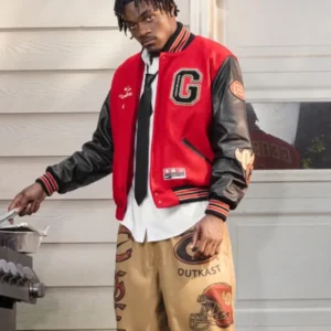 Areena Design <ul> <li>Material: Wool with Leather Sleeves</li> <li>Collar: Rib-Knitted Collar</li> <li>Cuffs: Rib-Knitted Cuffs</li> <li>Closure: Buttoned Closure</li> <li>Color: Gray & Cream</li> </ul> Outkast x UGA x Nike Destroyer Jacket <ul> <li>Material: Wool with Leather Sleeves</li> <li>Collar: Rib-Knitted Collar</li> <li>Cuffs: Rib-Knitted Cuffs</li> <li>Closure: Buttoned Closure</li> <li>Color: Gray & Cream</li> </ul>