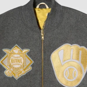 Areena Design <ul> <li>Material: Wool with Leather Sleeves</li> <li>Collar: Rib-Knitted Collar</li> <li>Cuffs: Rib-Knitted Cuffs</li> <li>Closure: Buttoned Closure</li> <li>Color: Gray & Cream</li> </ul> Brewers World Series Champions Destroyer Baseball Jacket <ul> <li>Material: Wool with Leather Sleeves</li> <li>Collar: Rib-Knitted Collar</li> <li>Cuffs: Rib-Knitted Cuffs</li> <li>Closure: Buttoned Closure</li> <li>Color: Gray & Cream</li> </ul>
